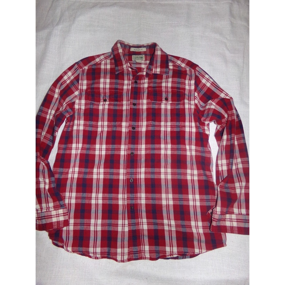 Vintage LL Bean Mens Flannel Shirt Medium Red White & Blue Plaid 100% Cotton